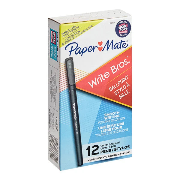 Paper Mate Write Bros Black Ink with Black Barrel 1mm Ballpoint Stick Pen - 12/Pack