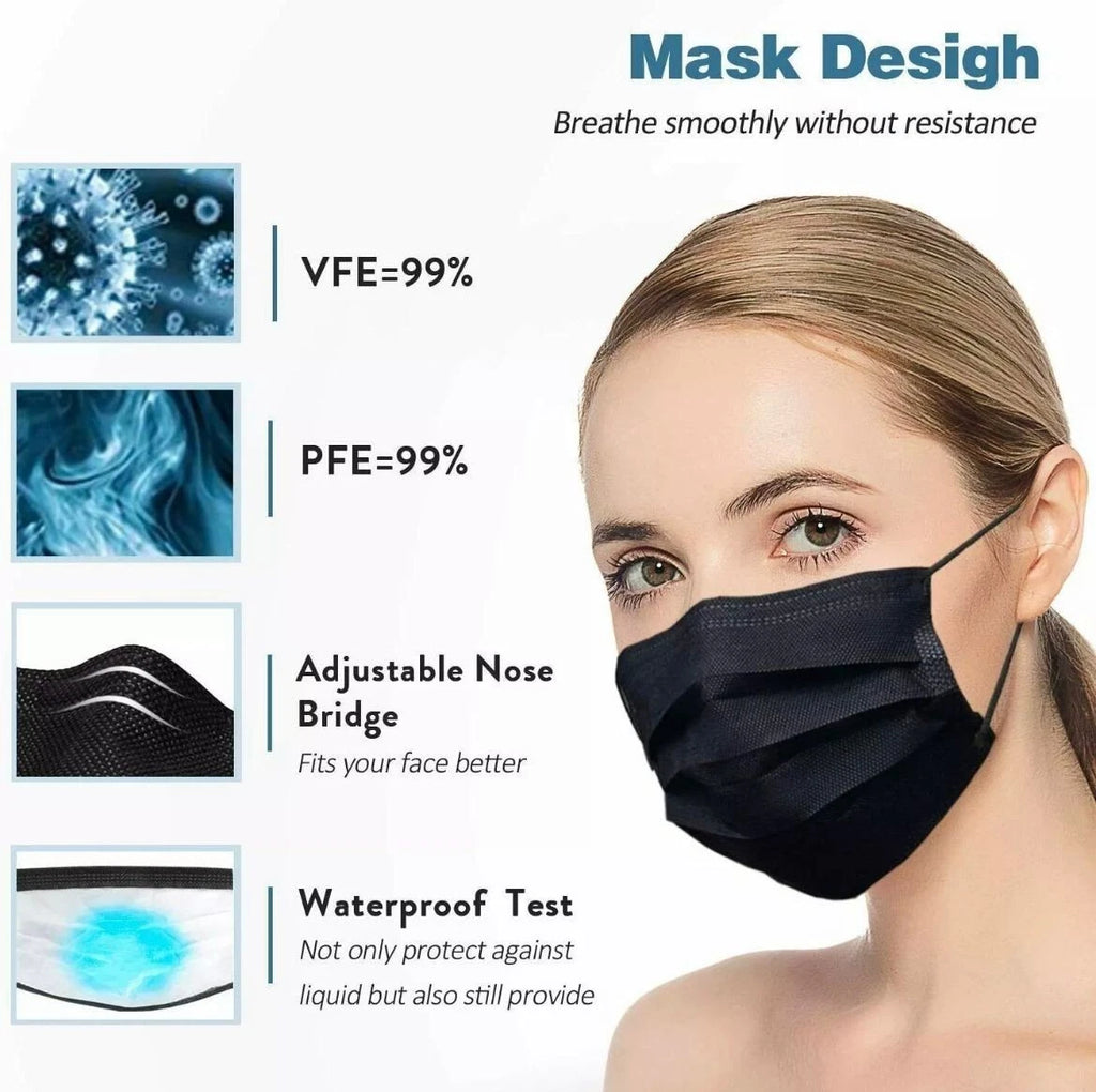 50 Pcs Medical Grade Black Disposable Face Mask 3 Ply Earloop Mouth Cover