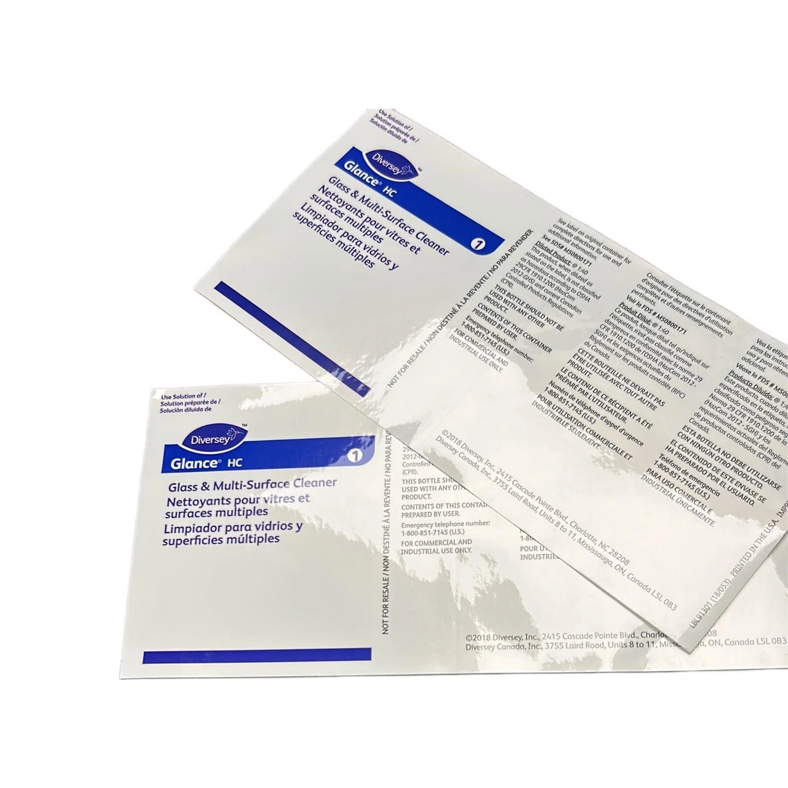 Diversey Glance Hc bottle labels 2 pack LABELS ONLY-NO BOTTLES INCLUDED
