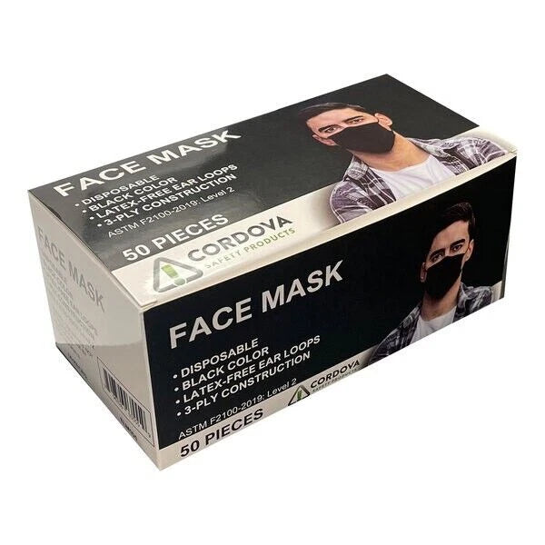 50 Pcs Medical Grade Black Disposable Face Mask 3 Ply Earloop Mouth Cover